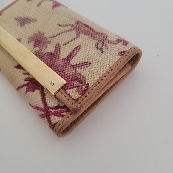 Gucci Floral Key Holder Wallet Case Leather Canvas Small Beige Pink Trifold - Picture 11 of 12